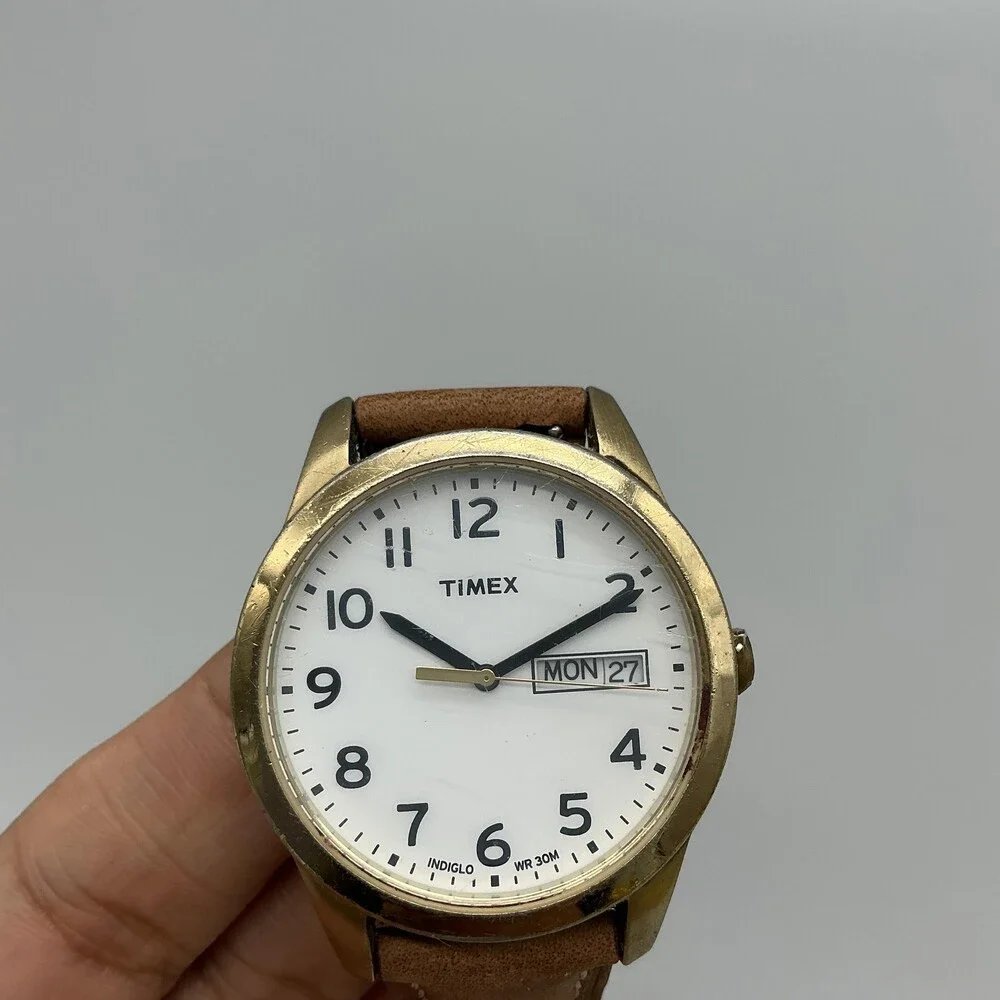 Timex Indiglo Mens Watch 36mm Gold Tone Day Date Brown Leather New Battery